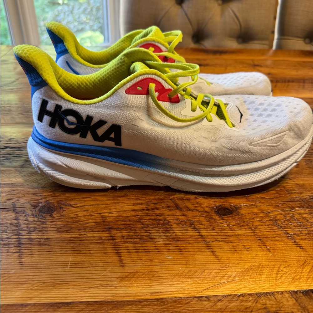 Hoka One One Men’s Clifton 9 - White, Yellow, and Blue Size 14